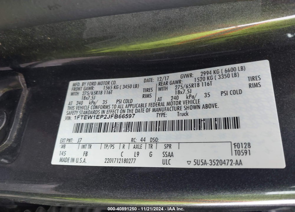 2018 FORD F-150 XLT VIN: 1FTEW1EP2JFB66597
