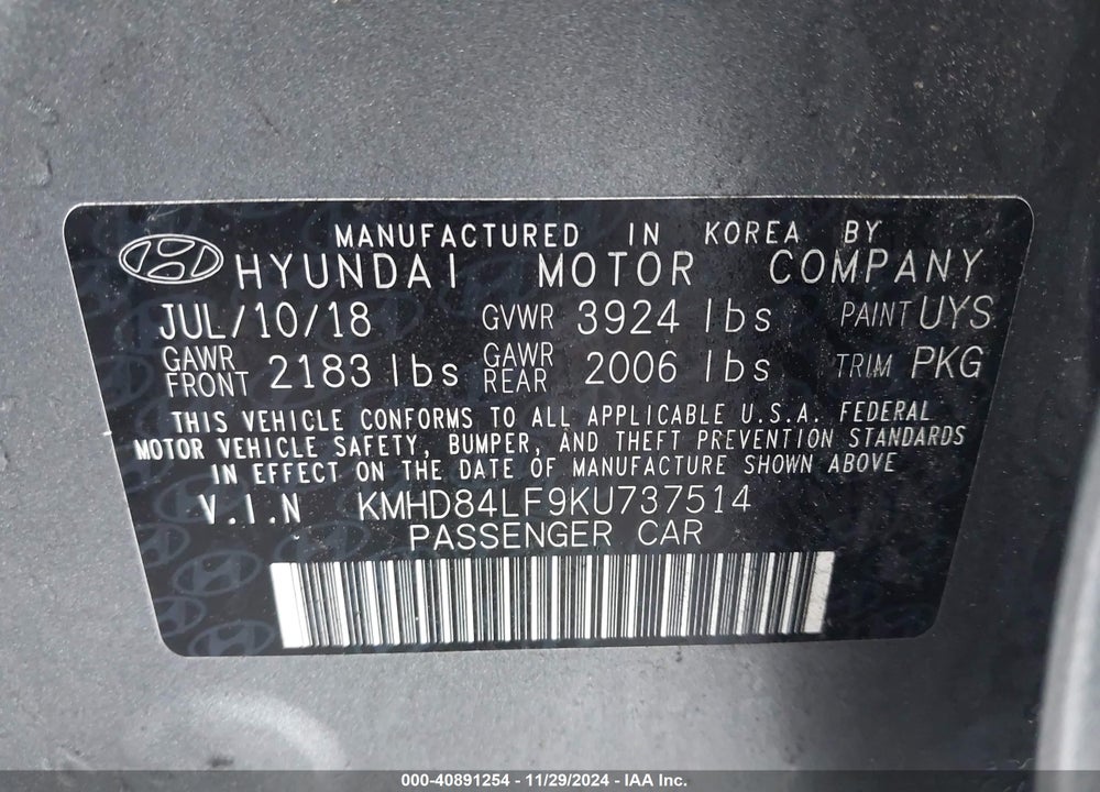 2019 HYUNDAI ELANTRA SEL VIN: KMHD84LF9KU737514