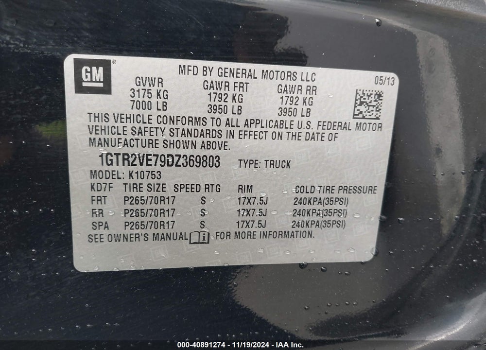 2013 GMC SIERRA 1500 SLE VIN: 1GTR2VE79DZ369803