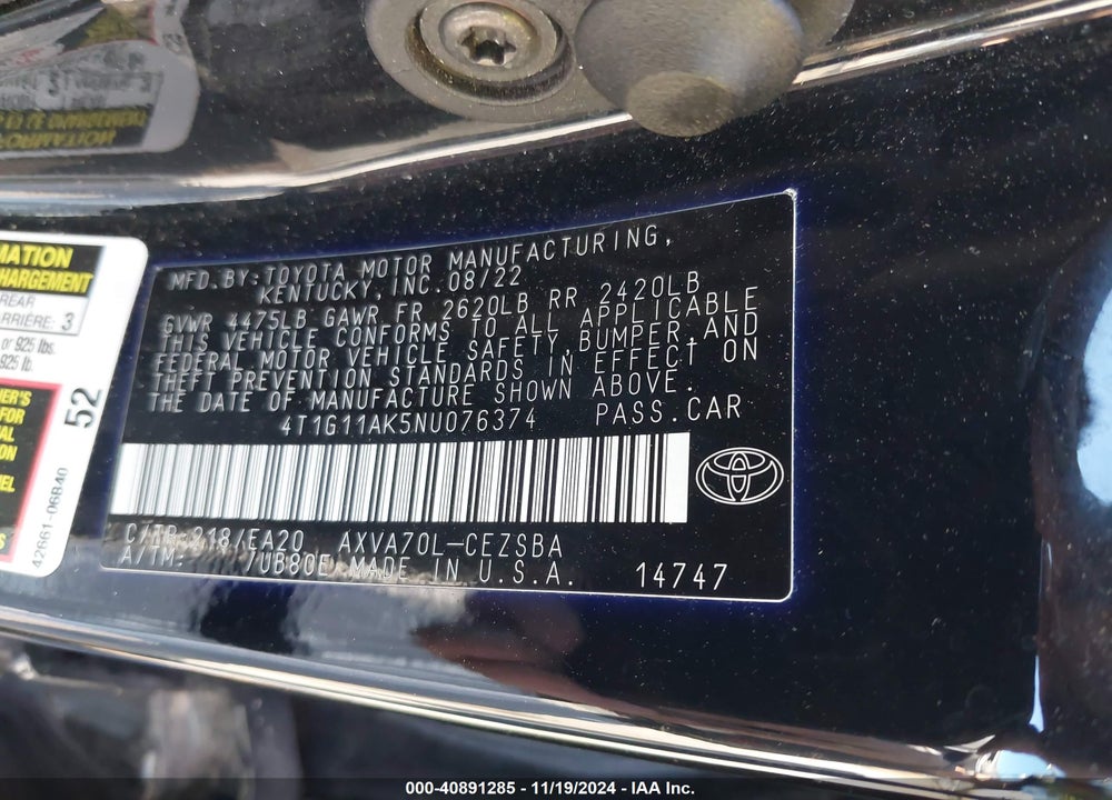 2022 TOYOTA CAMRY SE VIN: 4T1G11AK5NU076374