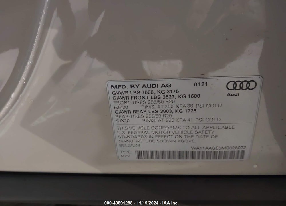2021 AUDI E-TRON SPORTBACK PREMIUM QUATTRO VIN: WA11AAGE3MB026072