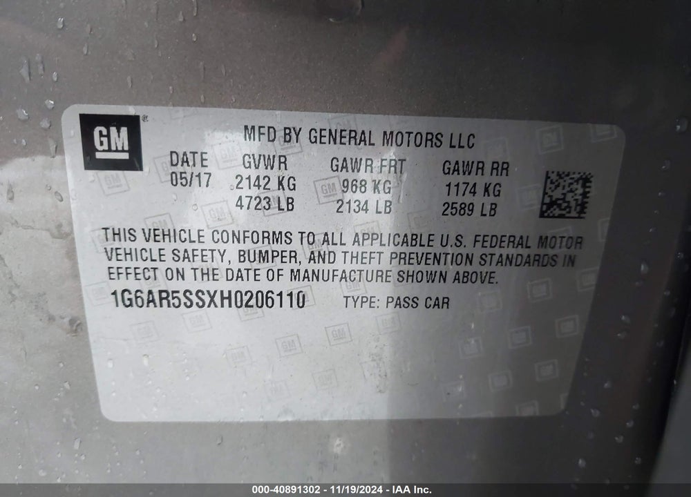 2017 CADILLAC CTS LUXURY VIN: 1G6AR5SSXH0206110