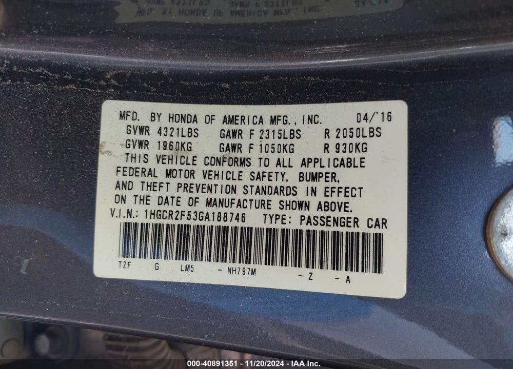 2016 HONDA ACCORD SPORT VIN: 1HGCR2F53GA188746