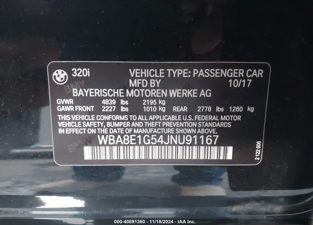 2018 BMW 320I VIN: WBA8E1G54JNU91167