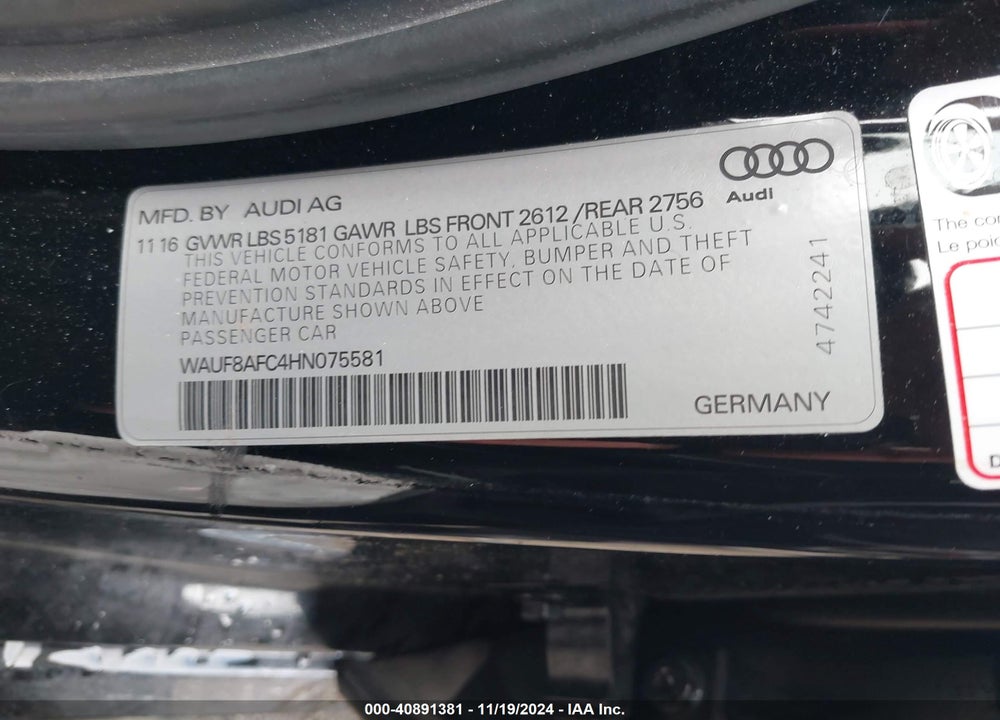2017 AUDI A6 2.0T PREMIUM VIN: WAUF8AFC4HN075581