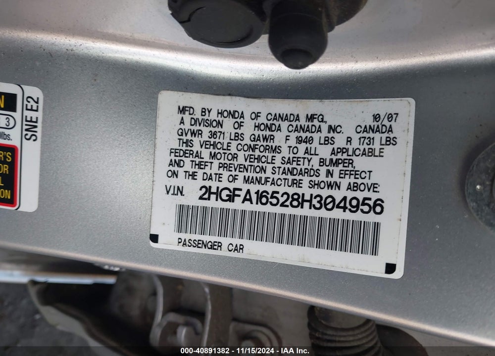 2008 HONDA CIVIC LX VIN: 2HGFA16528H304956