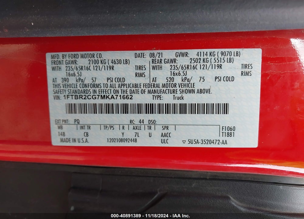 2021 FORD TRANSIT-250 CARGO VAN VIN: 1FTBR2CG7MKA71662