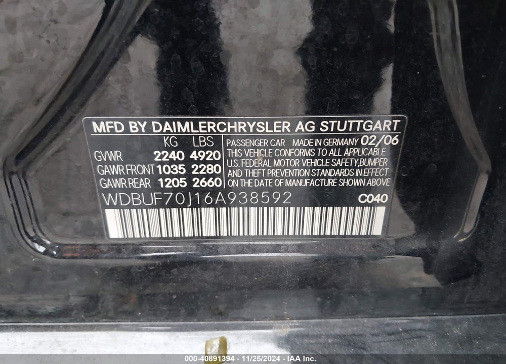 2006 MERCEDES-BENZ E 500 VIN: WDBUF70J16A938592