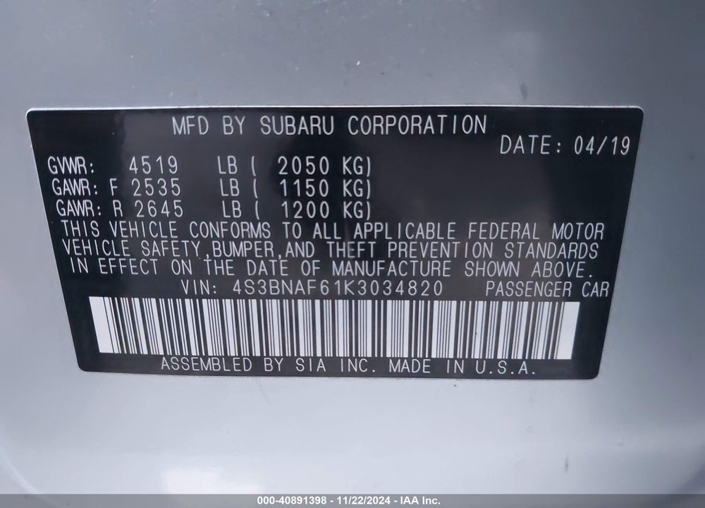 2019 SUBARU LEGACY 2.5I PREMIUM VIN: 4S3BNAF61K3034820