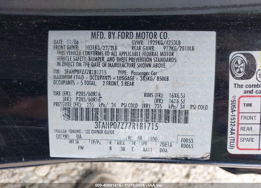 2007 FORD FUSION SE VIN: 3FAHP07Z77R181715