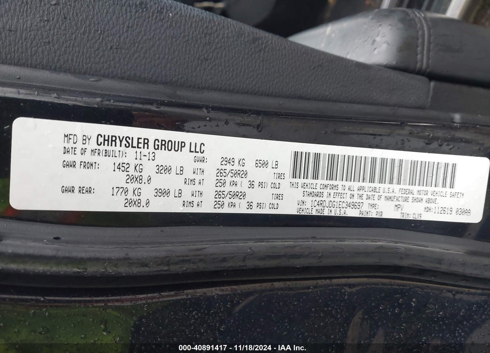 2014 DODGE DURANGO LIMITED VIN: 1C4RDJDG1EC349697