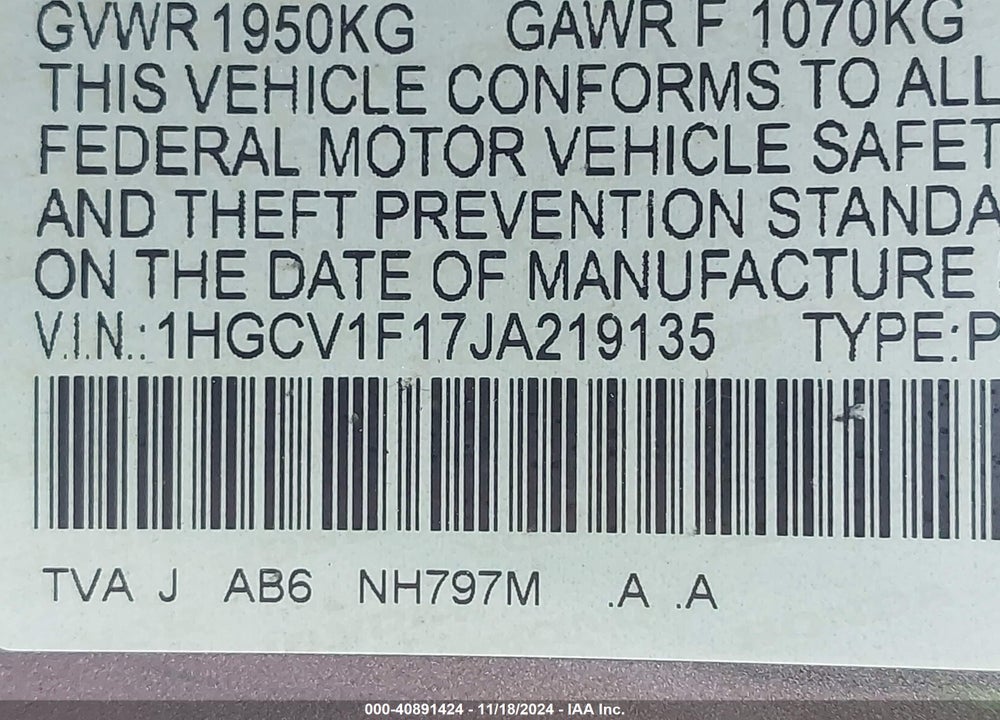 2018 HONDA ACCORD LX VIN: 1HGCV1F17JA219135