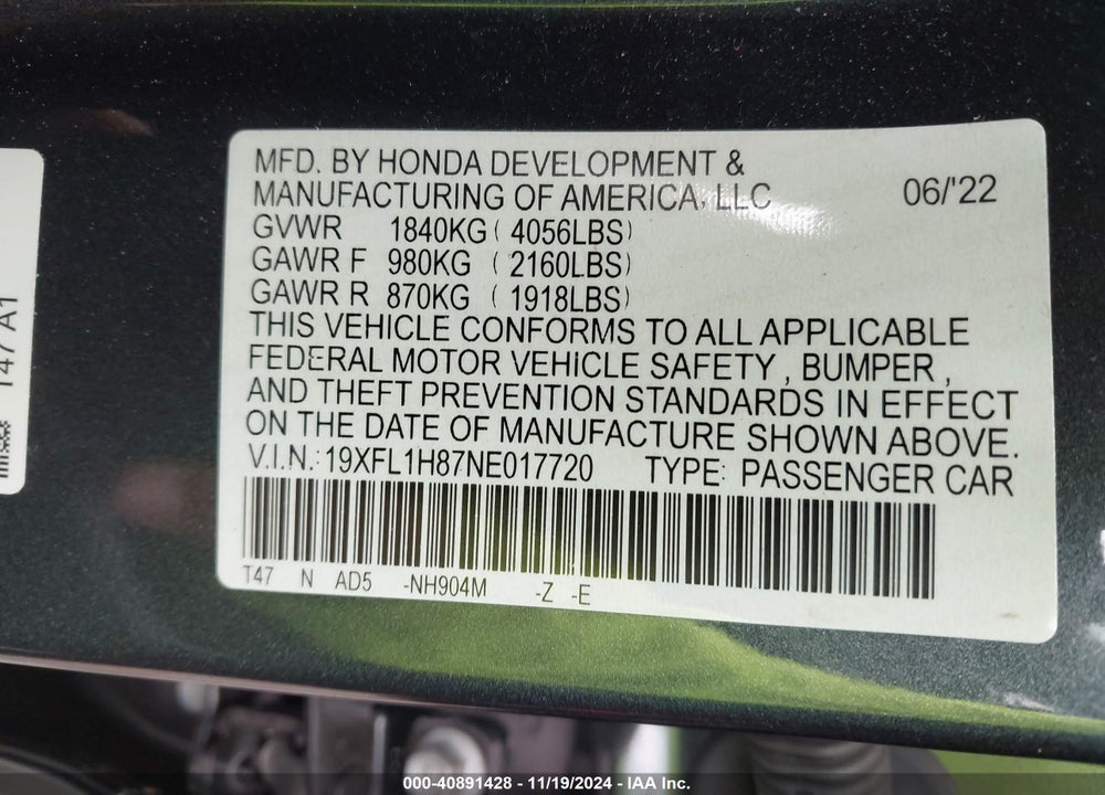 2022 HONDA CIVIC VIN: 19XFL1H87NE017720