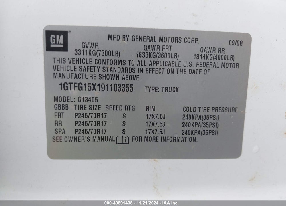 2009 GMC SAVANA 1500 WORK VAN VIN: 1GTFG15X191103355