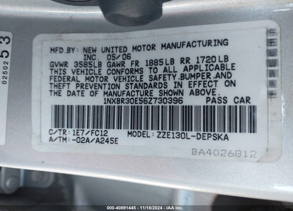 2006 TOYOTA COROLLA S VIN: 1NXBR30E56Z730396