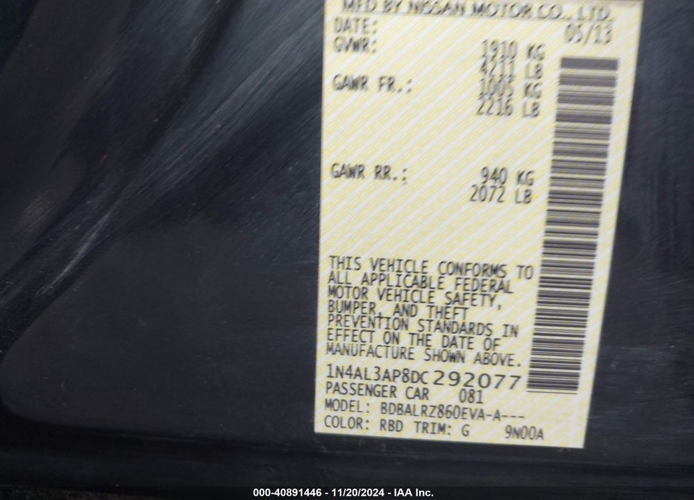 2013 NISSAN ALTIMA 2.5 S VIN: 1N4AL3AP8DC292077