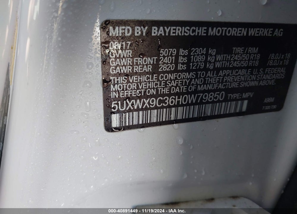 2017 BMW X3 XDRIVE28I VIN: 5UXWX9C36H0W79850