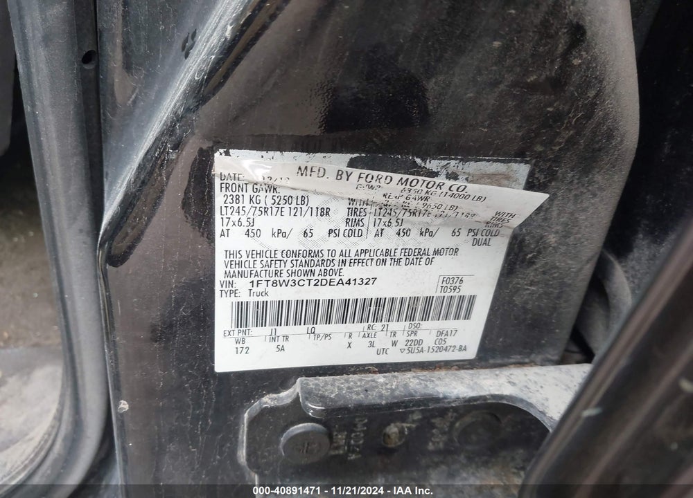 2013 FORD F-350 LARIAT VIN: 1FT8W3CT2DEA41327
