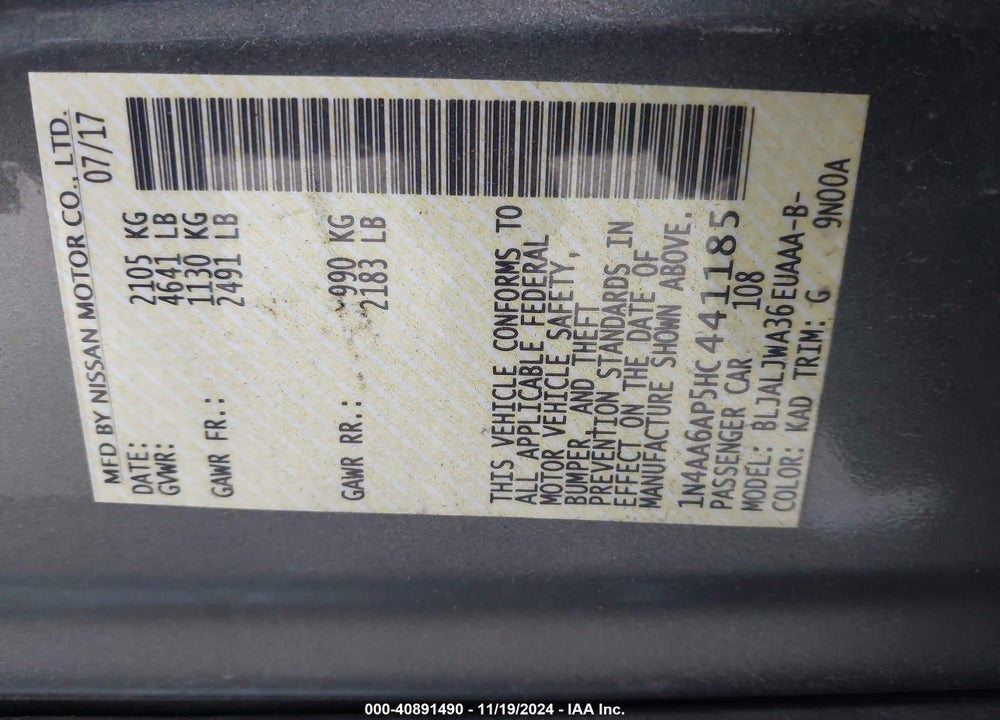 2017 NISSAN MAXIMA 3.5 SV VIN: 1N4AA6AP5HC441185