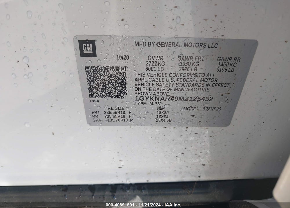 2021 CADILLAC XT5 FWD LUXURY VIN: 1GYKNAR49MZ125452