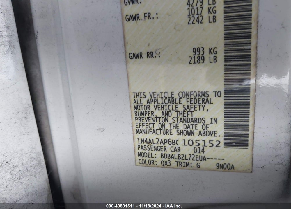 2011 NISSAN ALTIMA 2.5 S VIN: 1N4AL2AP6BC105152
