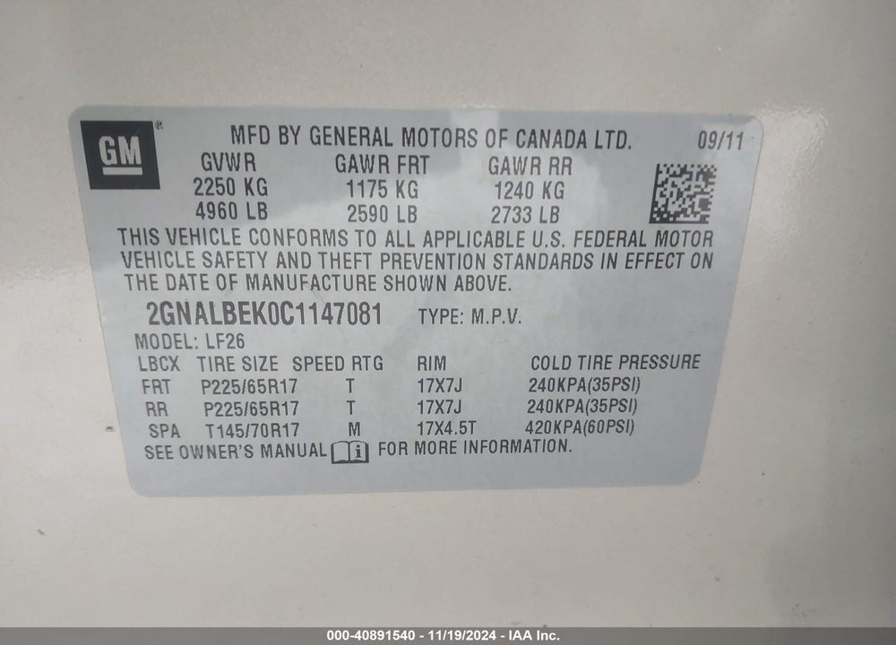 2012 CHEVROLET EQUINOX LS VIN: 2GNALBEK0C1147081