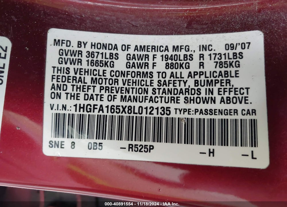 2008 HONDA CIVIC LX VIN: 1HGFA165X8L012135