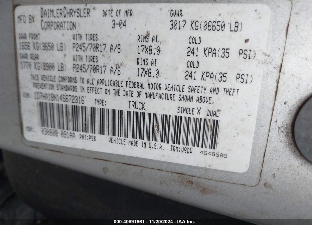 2004 DODGE RAM 1500 SLT/LARAMIE VIN: 1D7HA18N14S672316