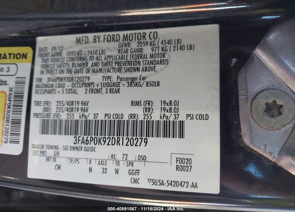 2013 FORD FUSION VIN: 3FA6P0K92DR120279