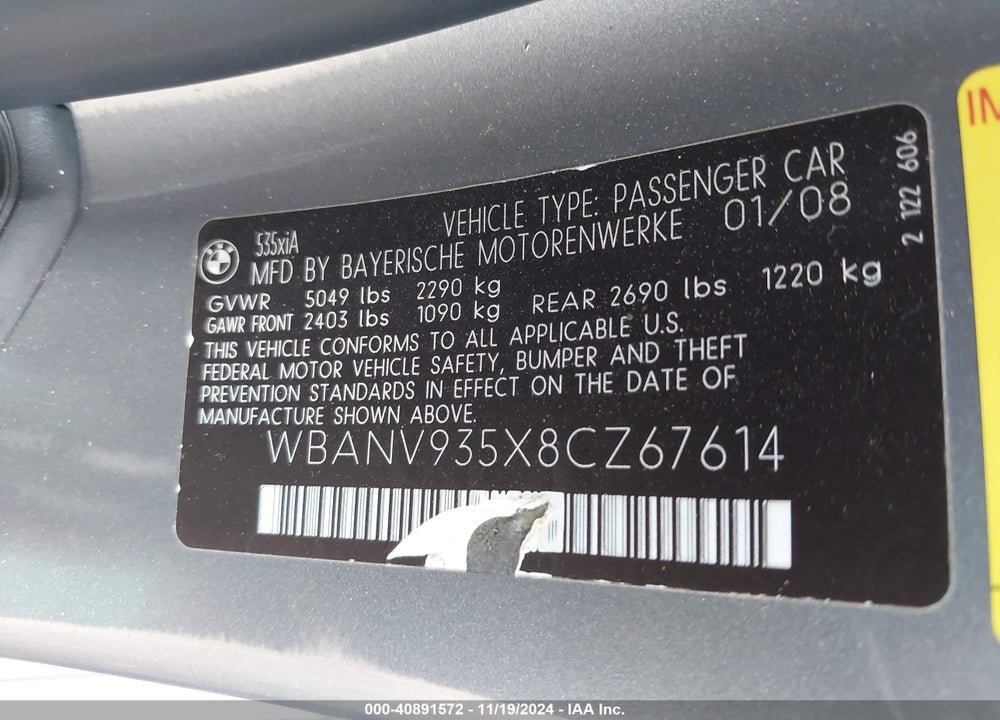 2008 BMW 535XI VIN: WBANV935X8CZ67614