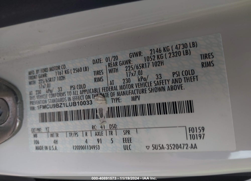 2020 FORD ESCAPE SE SPORT HYBRID VIN: 1FMCU9BZ1LUB10033