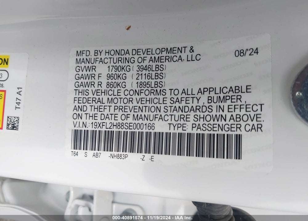 2025 HONDA CIVIC VIN: 19XFL2H88SE000166