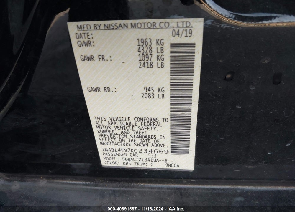 2019 NISSAN ALTIMA 2.5 SL VIN: 1N4BL4EV7KC234669