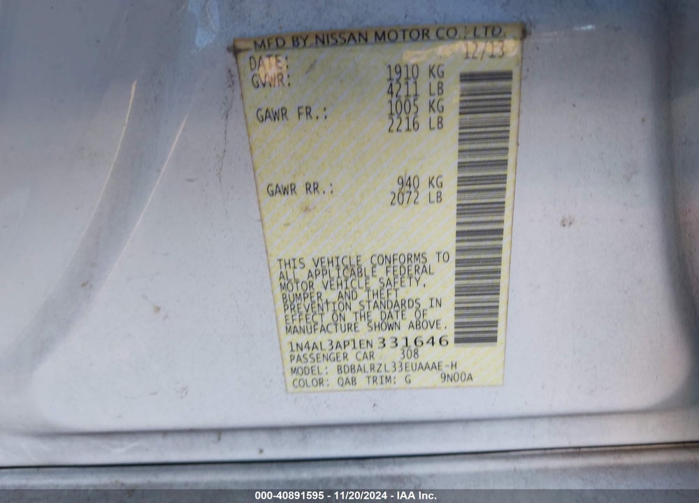 2014 NISSAN ALTIMA VIN: 1N4AL3AP1EN331646