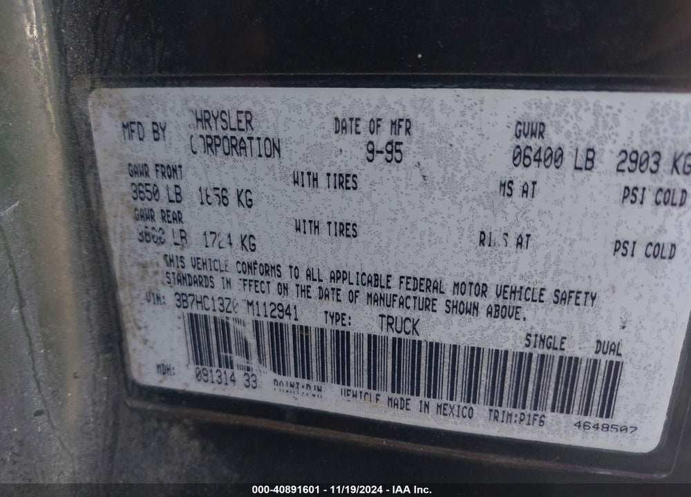 1996 DODGE RAM 1500 VIN: 3B7HC13Z0TM112941