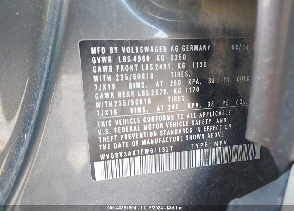 2014 VOLKSWAGEN TIGUAN SE VIN: WVGBV3AX7EW611327