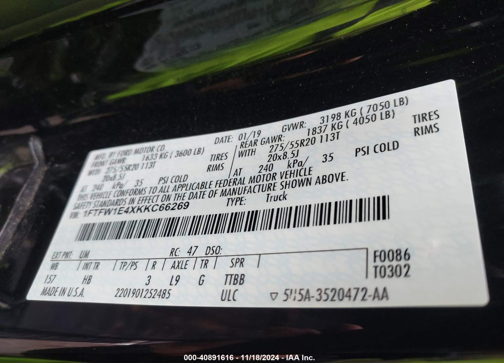 2019 FORD F-150 LARIAT VIN: 1FTFW1E4XKKC66269