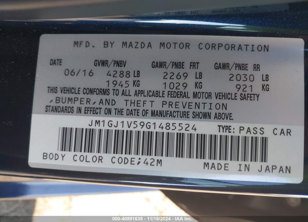2016 MAZDA 6 I TOURING VIN: JM1GJ1V59G1485524