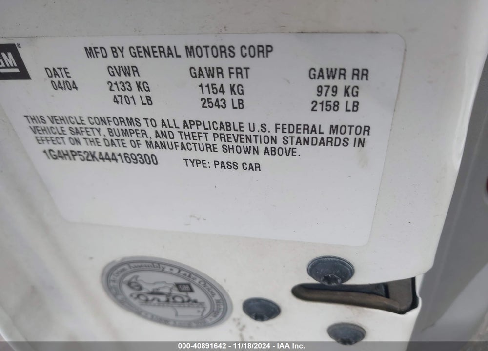 2004 BUICK LESABRE CUSTOM VIN: 1G4HP52K444169300