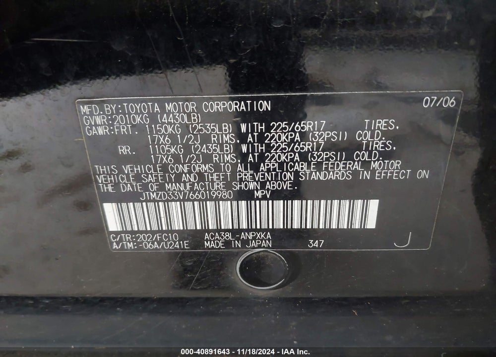 2006 TOYOTA RAV4 VIN: JTMZD33V766019980
