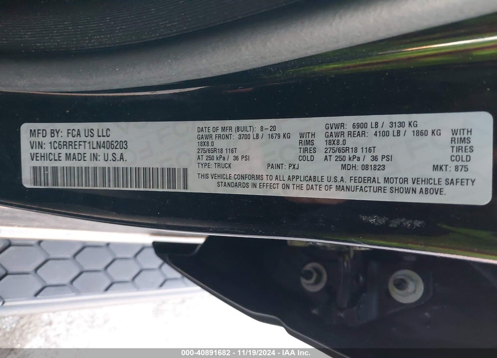 2020 RAM 1500 LONE STAR 4X2 5'7 BOX VIN: 1C6RREFT1LN406203