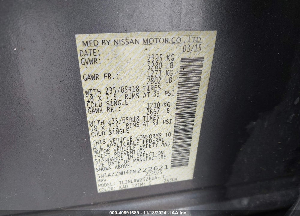 2015 NISSAN MURANO SL VIN: 5N1AZ2MH4FN222621
