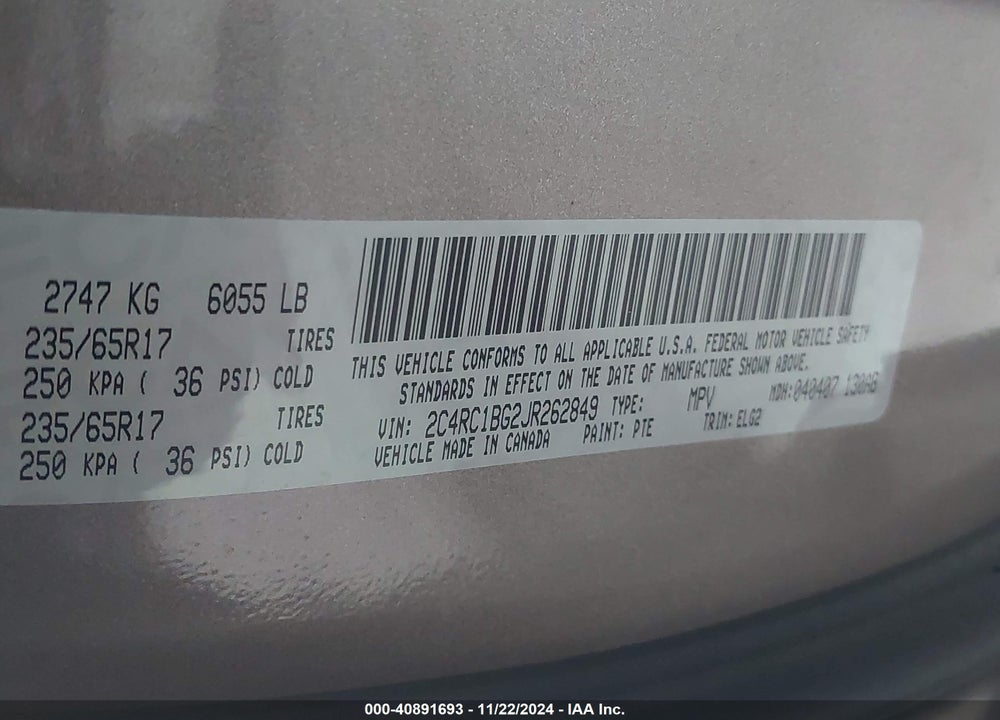 2018 CHRYSLER PACIFICA TOURING L VIN: 2C4RC1BG2JR262849