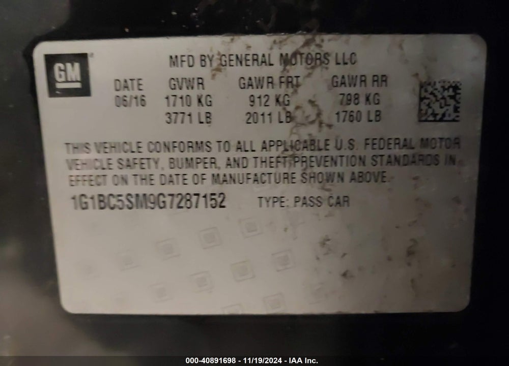 2016 CHEVROLET CRUZE VIN: 1G1BC5SM9G7287152