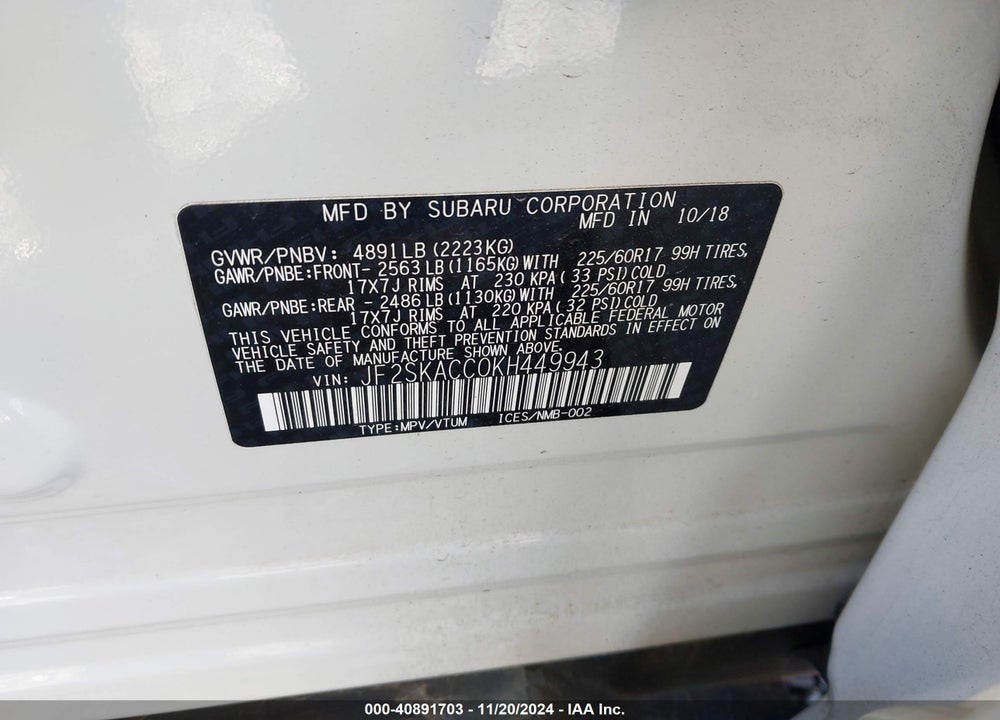 2019 SUBARU FORESTER VIN: JF2SKACC0KH449943