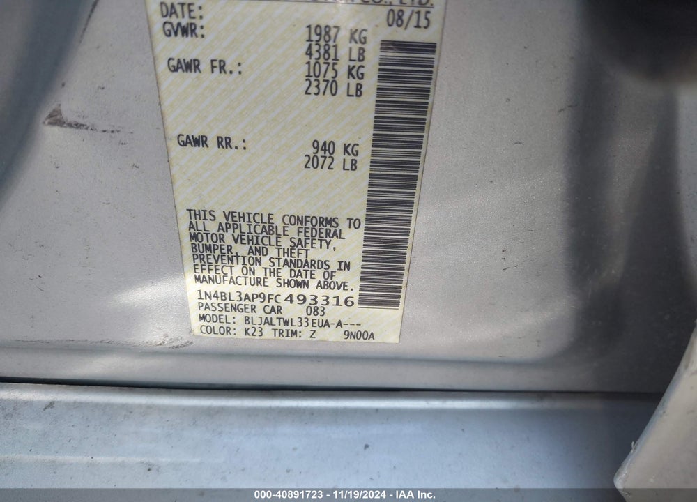 2015 NISSAN ALTIMA 3.5 S/3.5 SL/3.5 SV VIN: 1N4BL3AP9FC493316