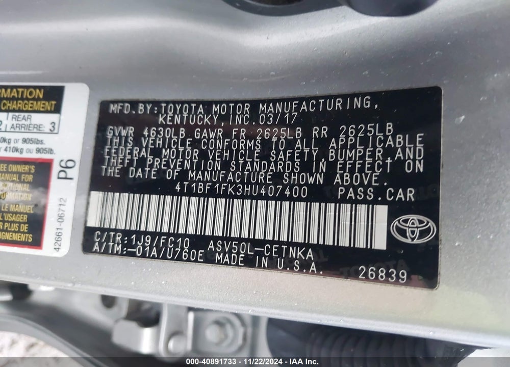 2017 TOYOTA CAMRY LE VIN: 4T1BF1FK3HU407400