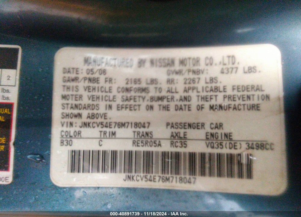 2006 INFINITI G35 VIN: JNKCV54E76M718047