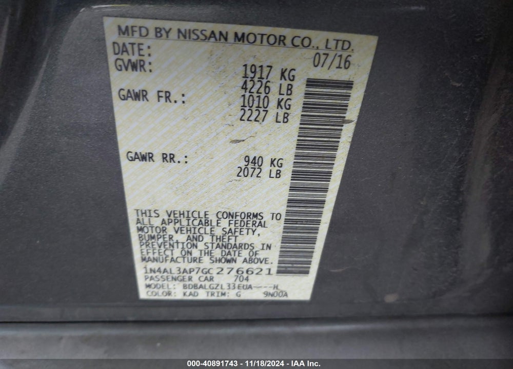 2016 NISSAN ALTIMA 2.5 S VIN: 1N4AL3AP7GC276621