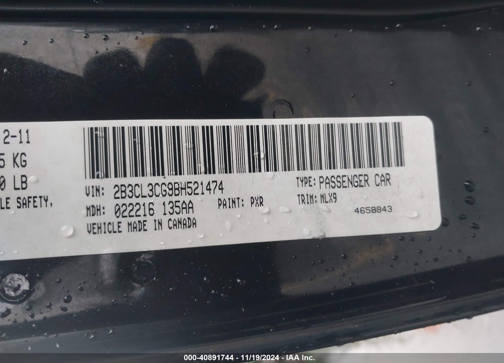 2011 DODGE CHARGER VIN: 2B3CL3CG9BH521474